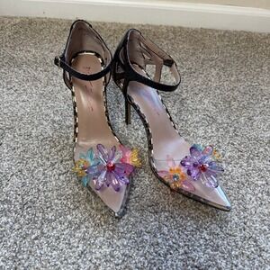 Betsey Johnson Laen Floral Crystal Clear Leopard Snakeskin Pumps Heels 9.5M
